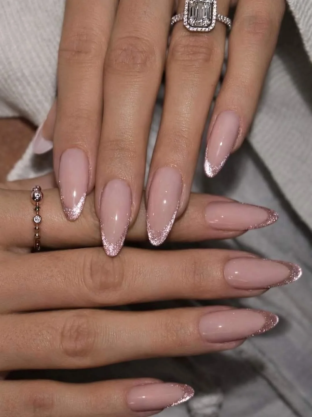 modern summer glitter nails 2026 Soft Pink Glitter French Almond Nails