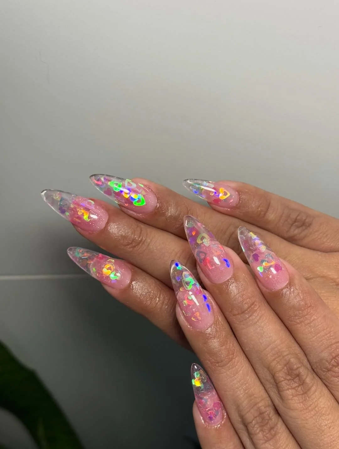 modern summer glitter nails 2026 Holographic Heart Glitter Stilettos