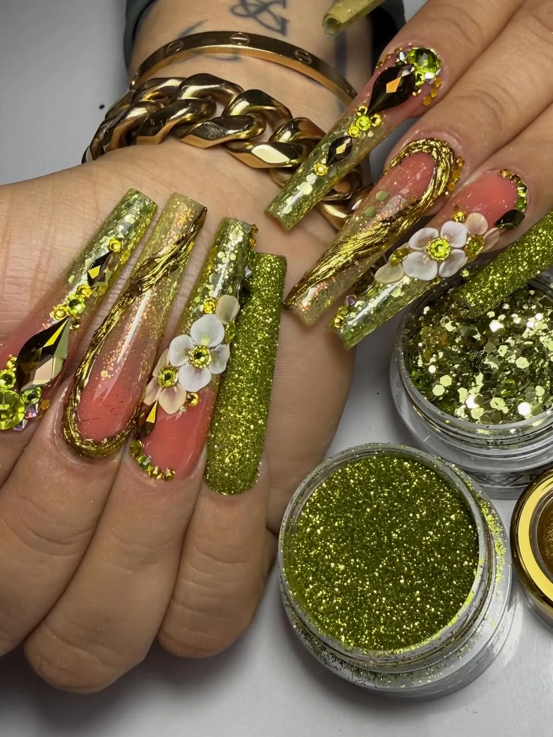 modern summer glitter nails 2026 Olive Gold Luxury Sparkle Nails