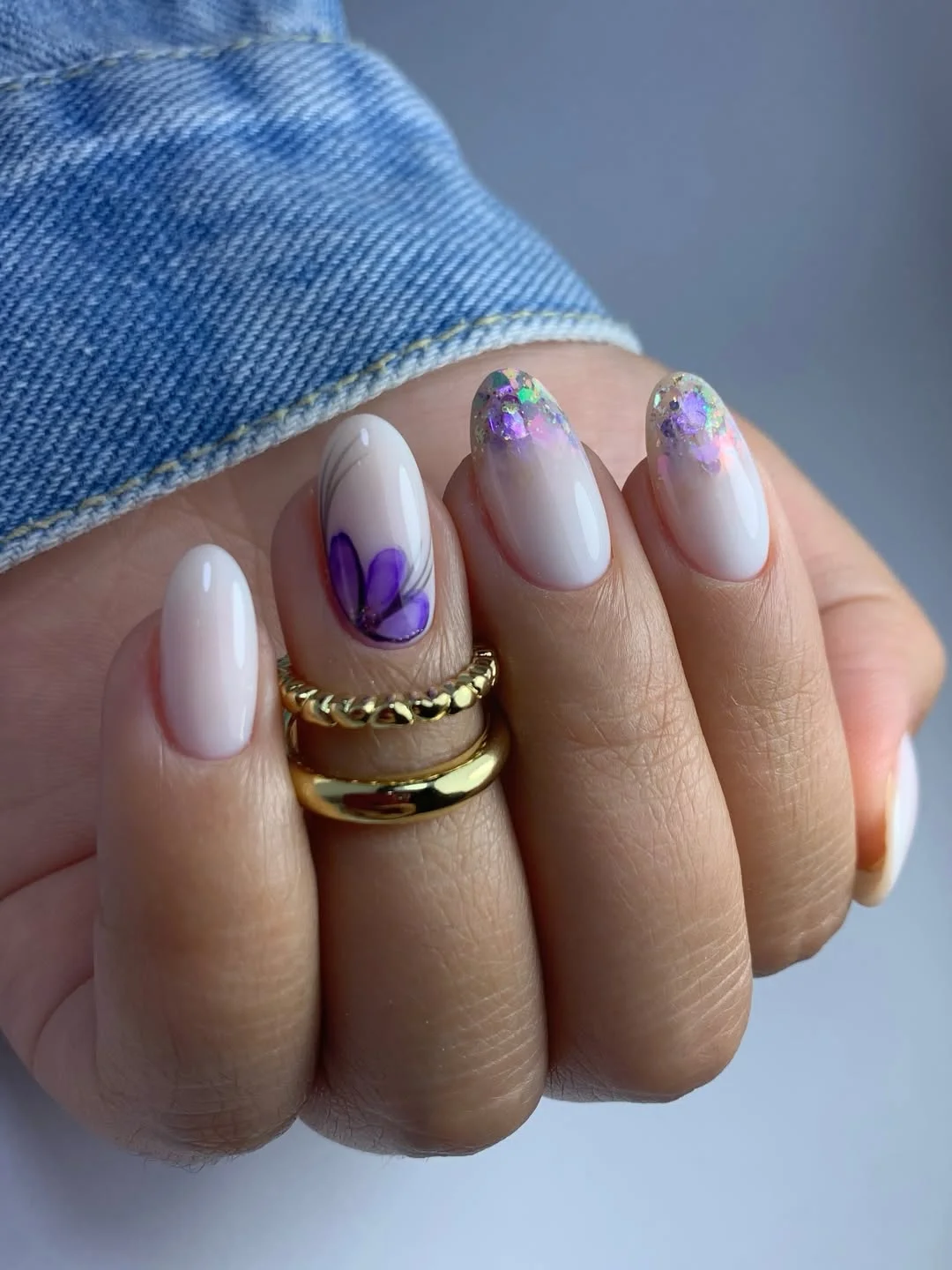 modern summer glitter nails 2026 Purple Floral Soft Sparkle