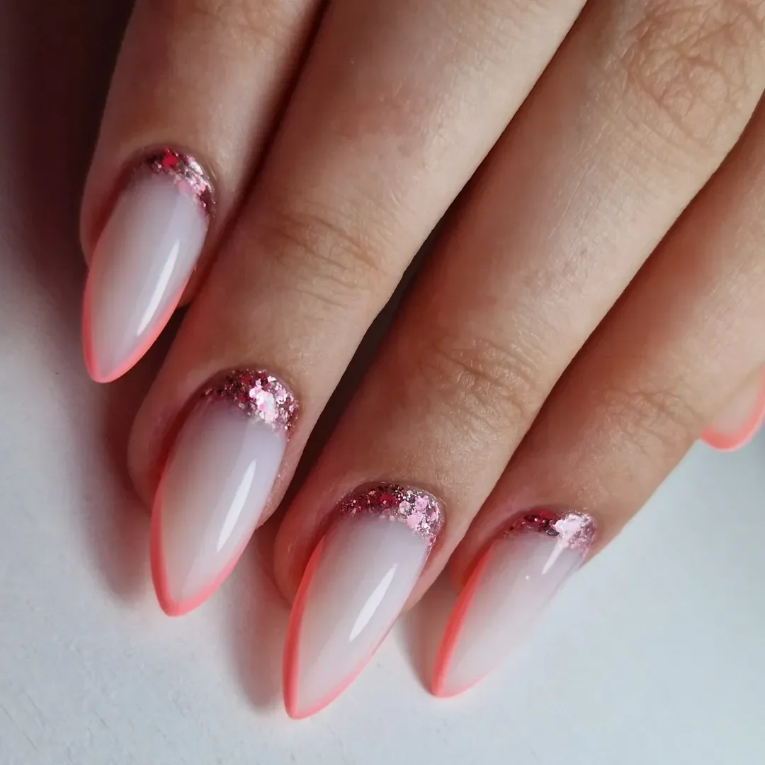 modern summer glitter nails 2026 Pink Glitter Cuticle Fade On Almond Nails