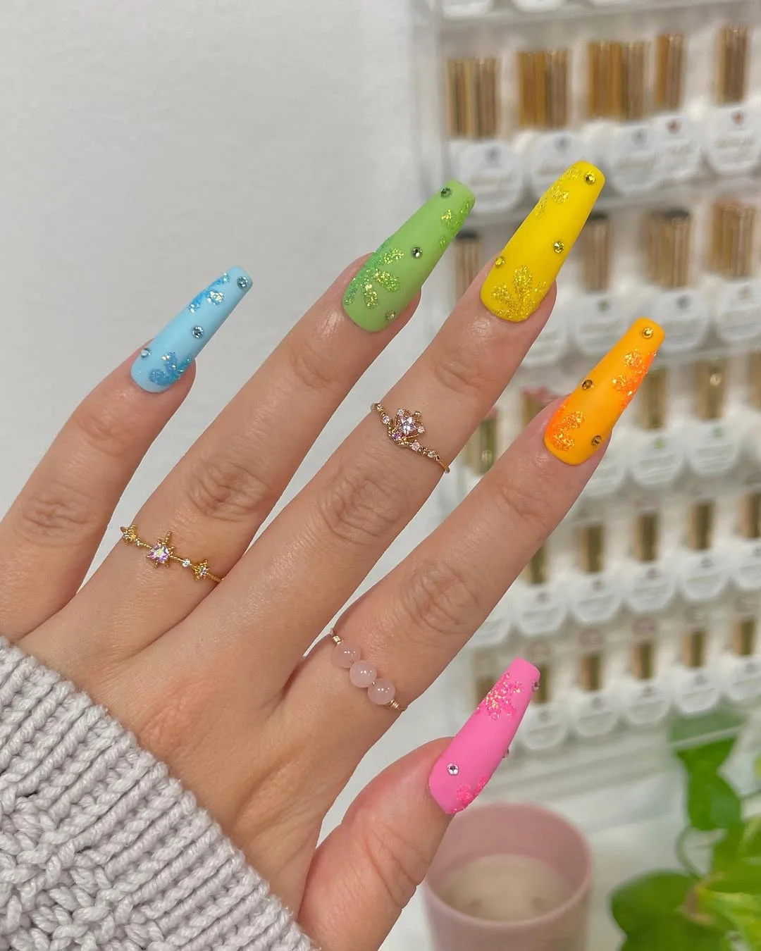 modern summer glitter nails 2026 Rainbow Bright Glitter Square Nails