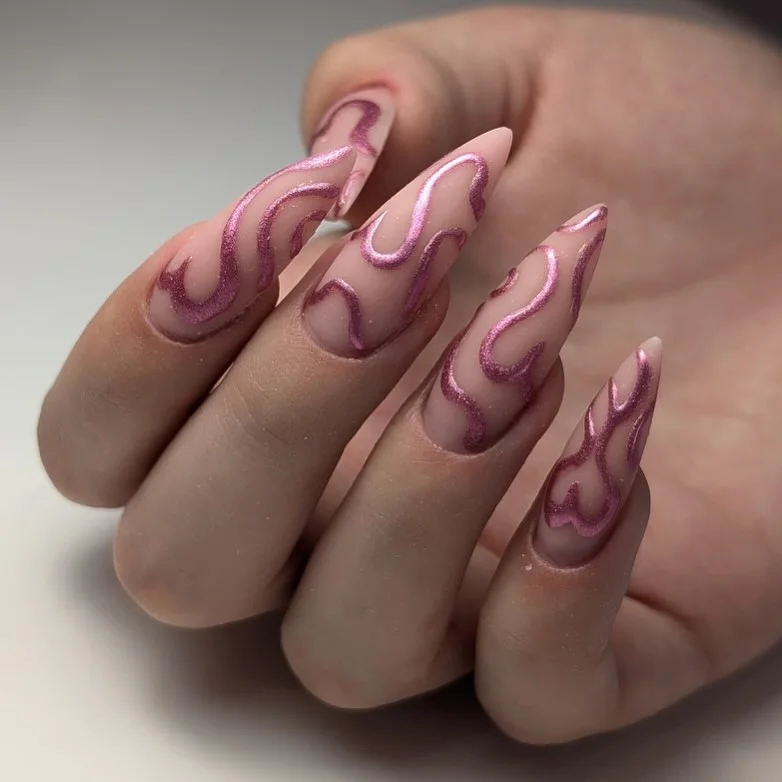 modern summer glitter nails 2026 Pink Glitter Flame Art