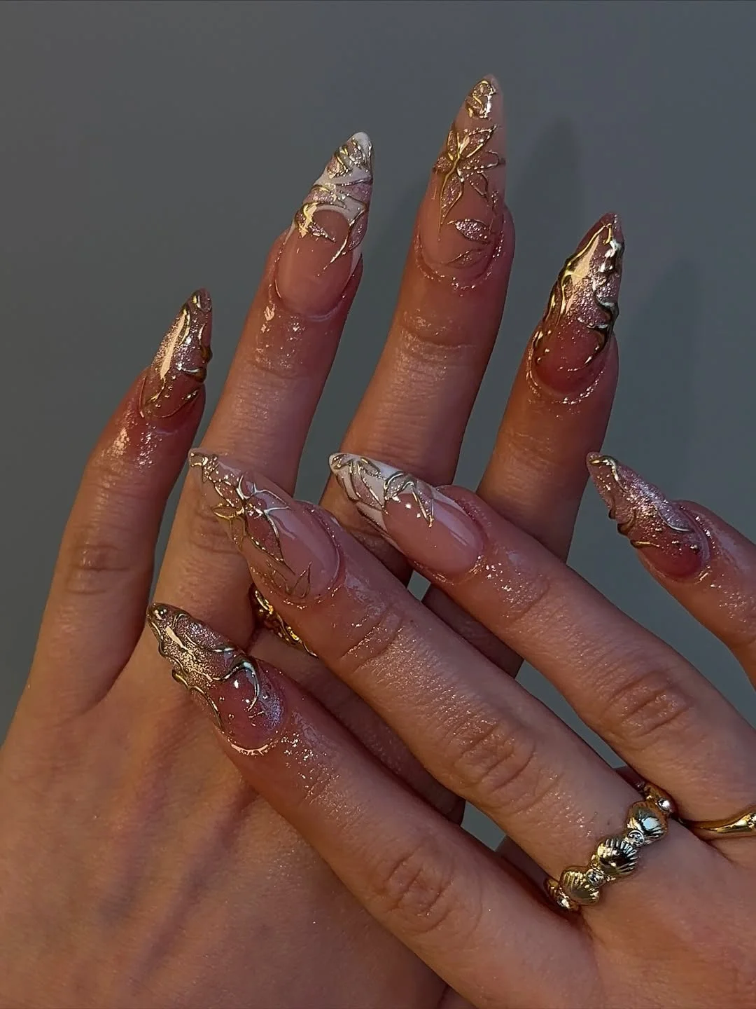 modern summer glitter nails 2026 Golden Botanical Sparkle