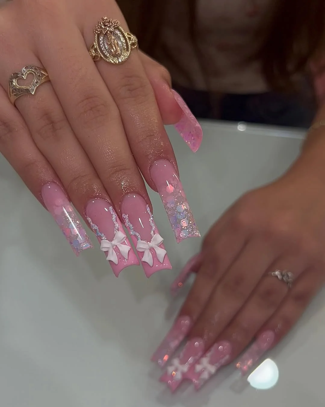 modern summer glitter nails 2026 Sweet Pink Bow Glitter Nails