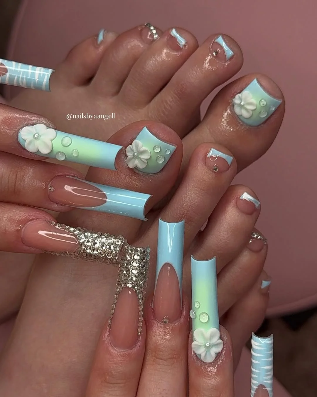 pedicure ideas summer trends 2026 Blue Floral Pedicure With Dreamy Airbrush Details