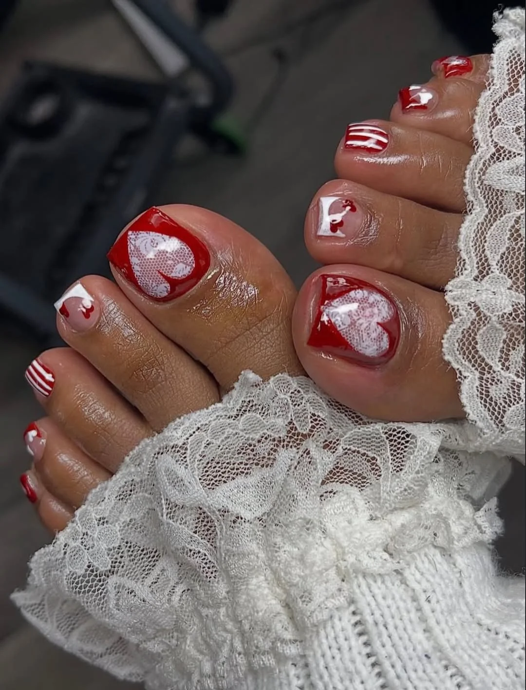 pedicure ideas summer trends 2026 Red Lace Pedicure With Vintage Romance