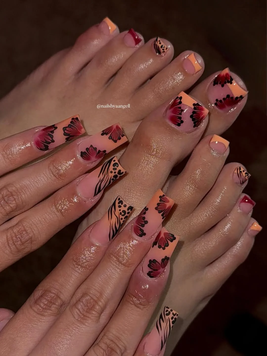 pedicure ideas summer trends 2026 Sunset Butterfly Pedicure with Peach French Tips
