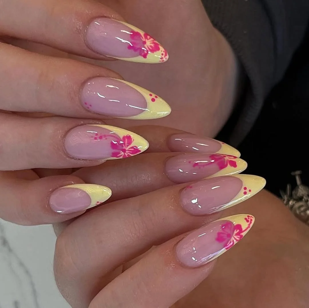 pretty summer almond nails 2026 Butter Yellow French Tips With Pink Hibiscus Accents