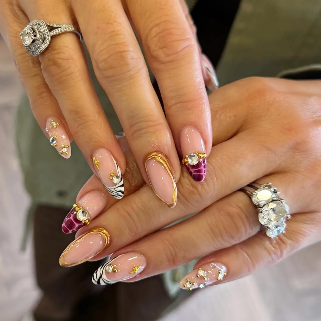 pretty summer almond nails 2026 Gilded Jewel Almond Nails for Summer Evenings