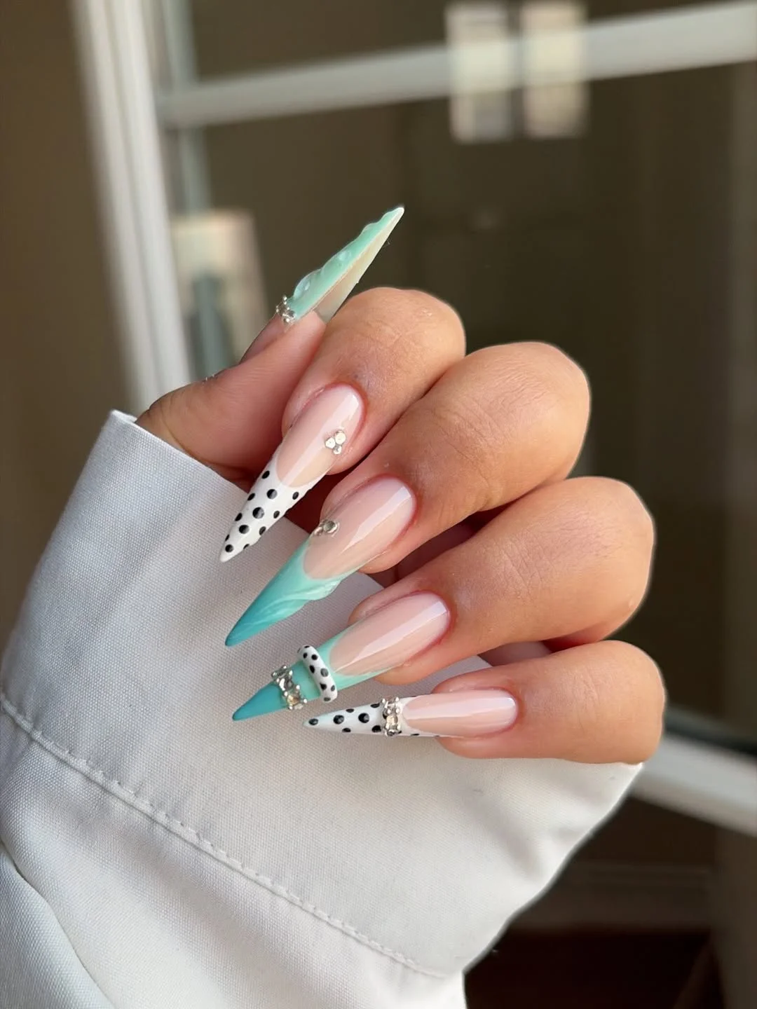 pretty summer almond nails 2026 Mint Swirl Tips with Playful Polka Dots