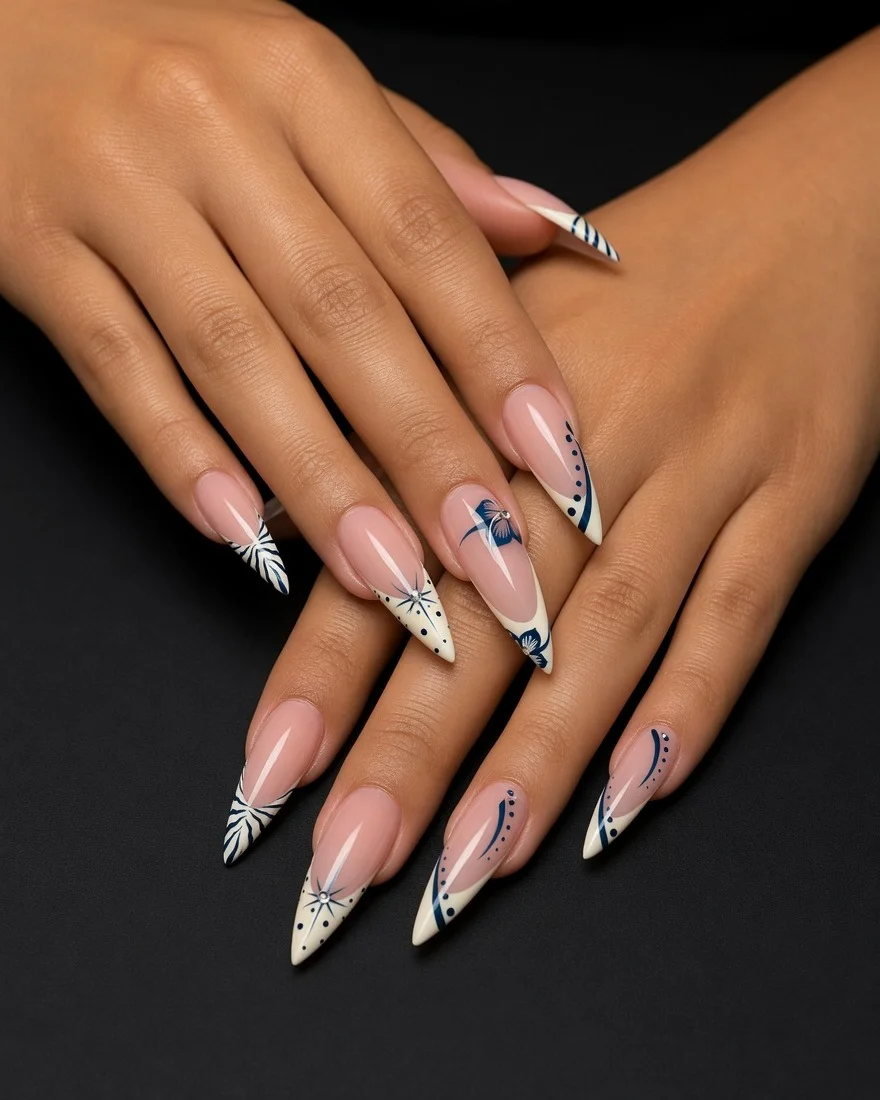 pretty summer almond nails 2026 Blue Botanical French Tips with Coastal Charm
