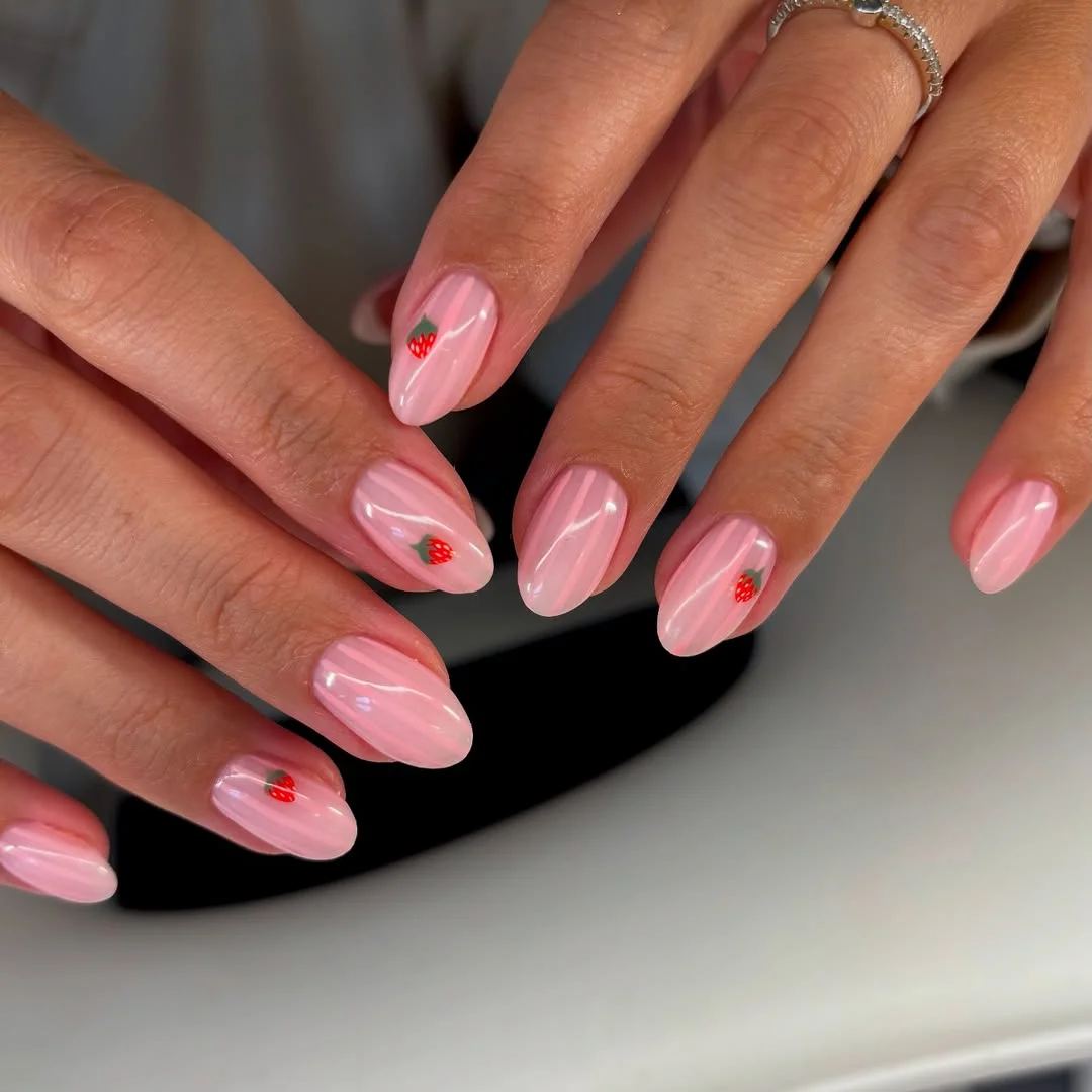 pretty summer almond nails 2026 Glossy Pink Strawberry Minimalism