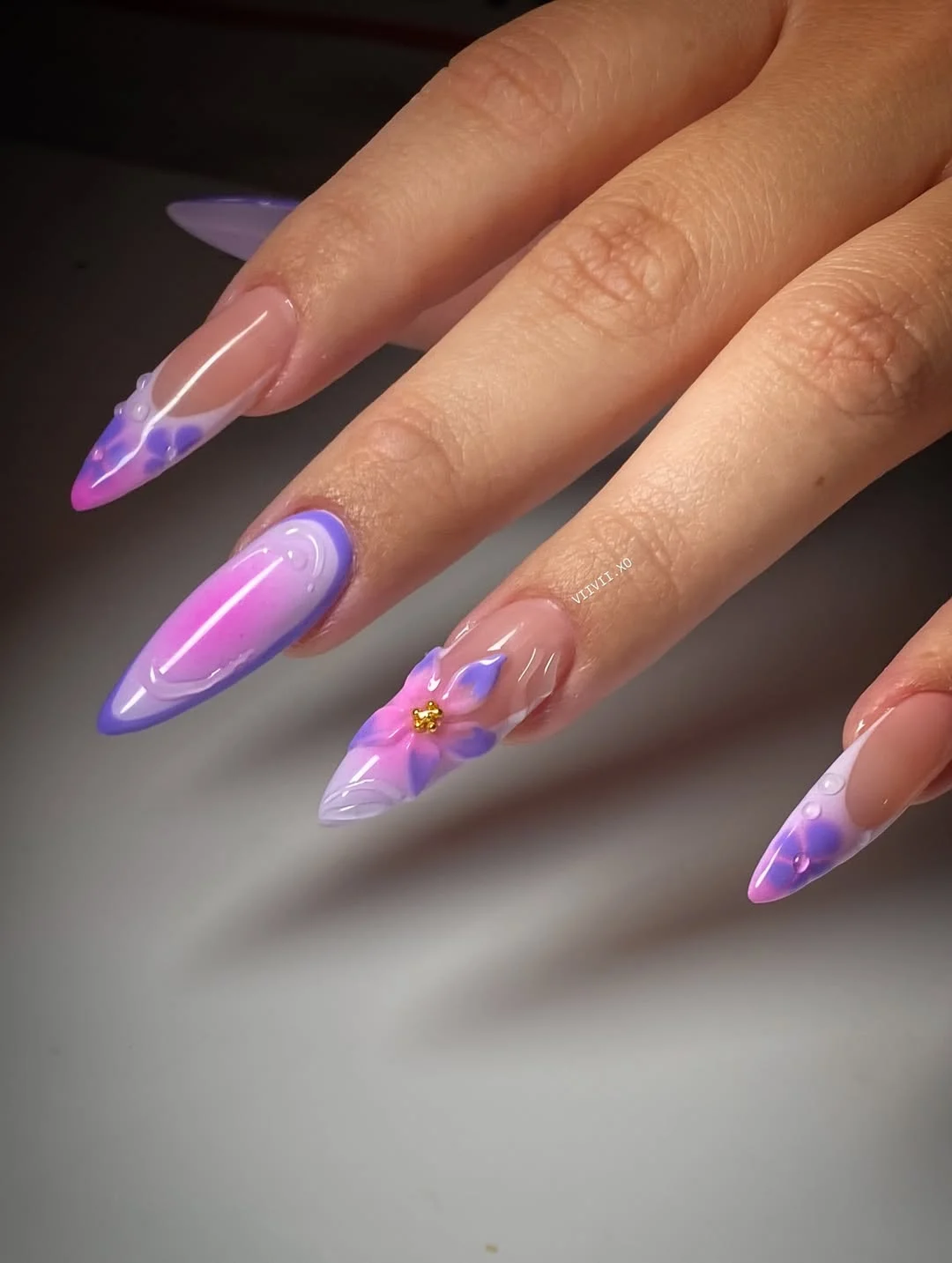 pretty summer almond nails 2026 Lavender Aura Nails with 3D Flower Details