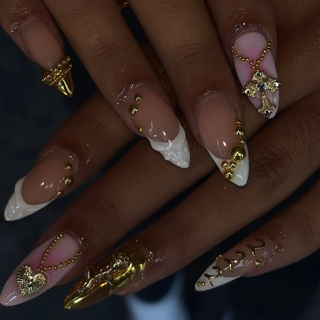 pretty summer almond nails 2026 Luxury White and Gold Statement Nails