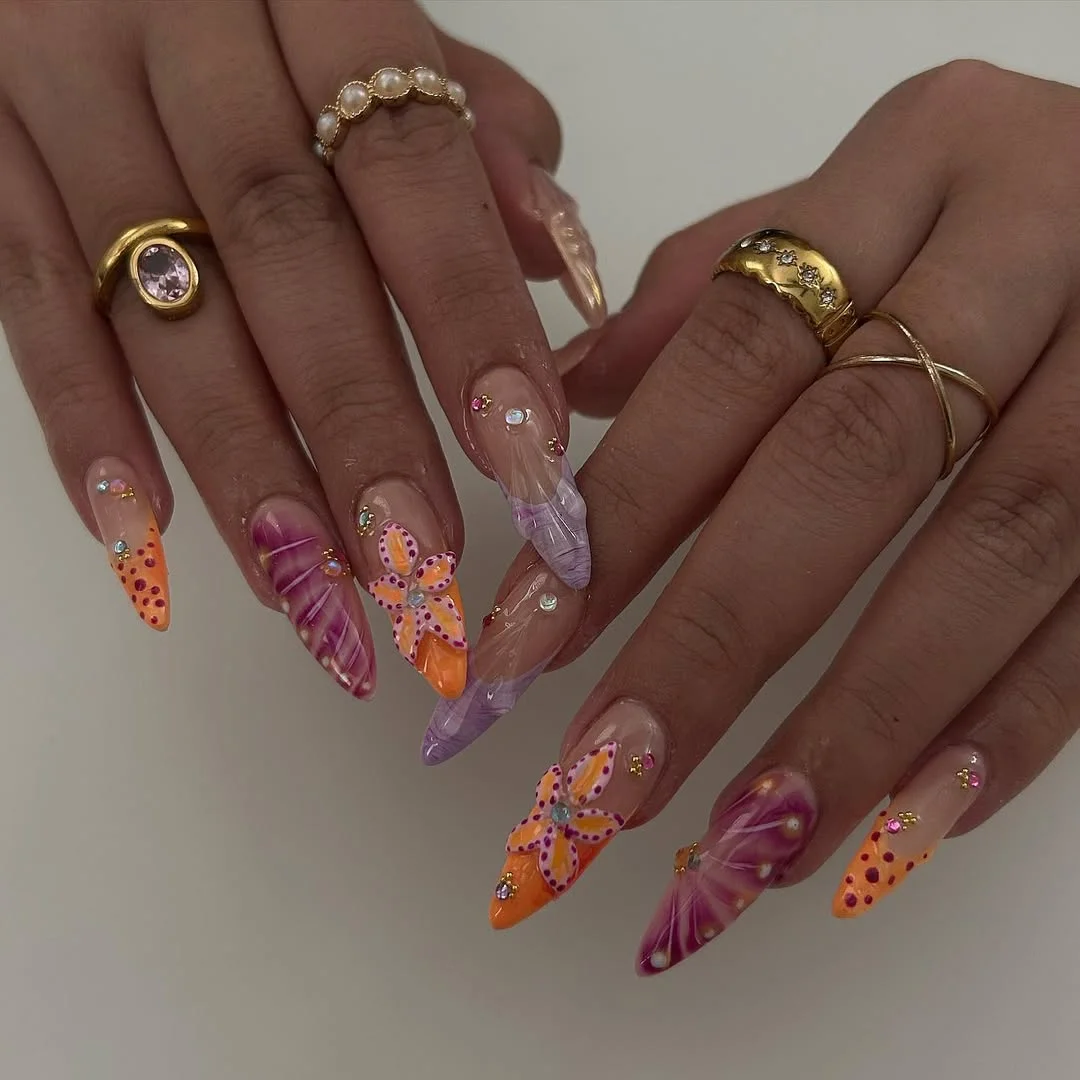 pretty summer almond nails 2026 Vibrant 3D Floral Art With Tropical Sunset Colors