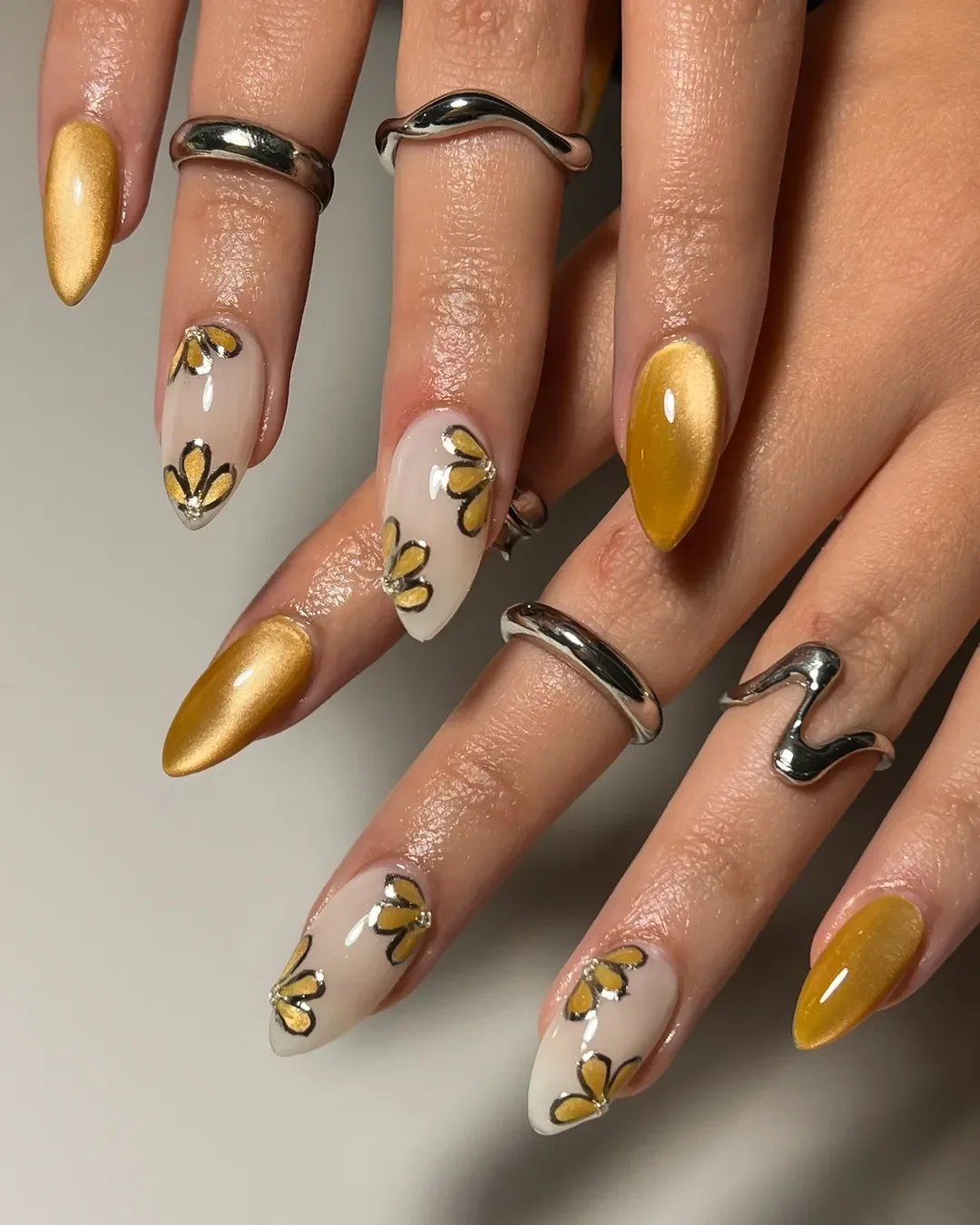 pretty summer almond nails 2026 Golden Petal Almond Nails