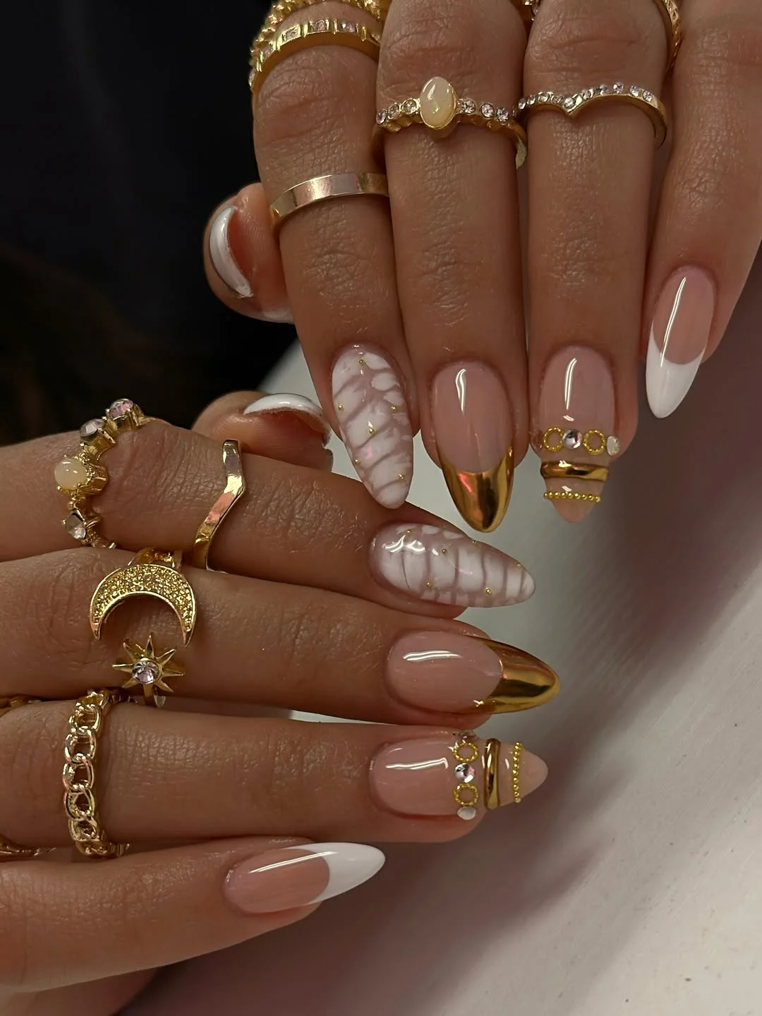 pretty summer almond nails 2026 White and Gold Luxe Almond Nails
