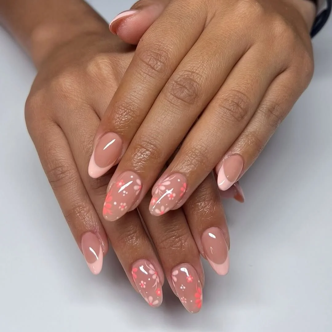 pretty summer almond nails 2026 Soft Pink Floral Almond Nails