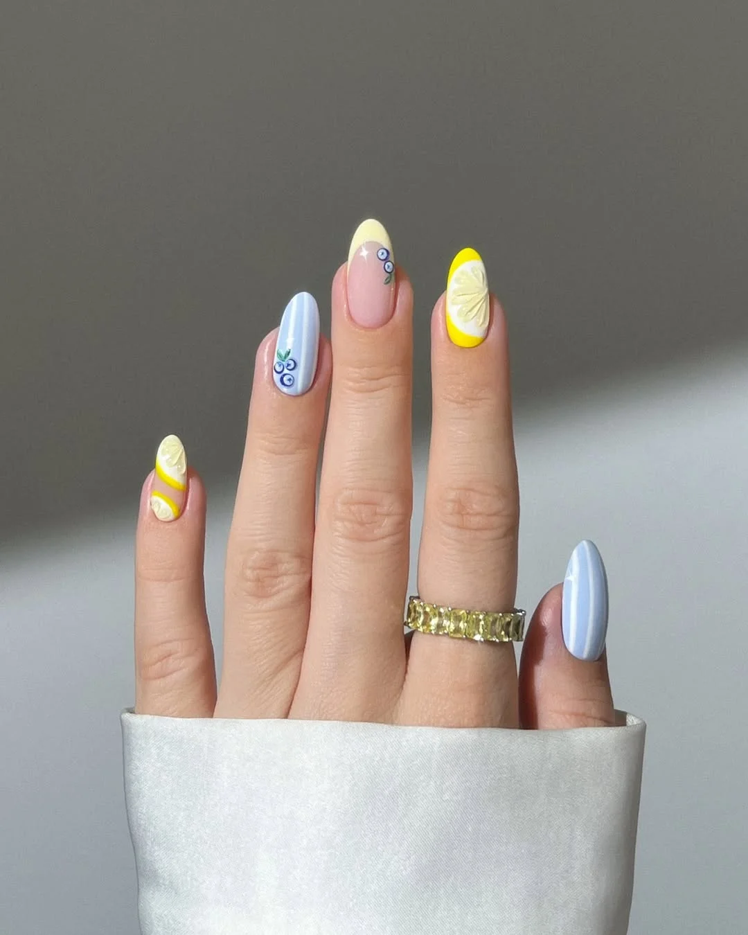 pretty summer almond nails 2026 Lemon and Blueberry Summer Almond Nails