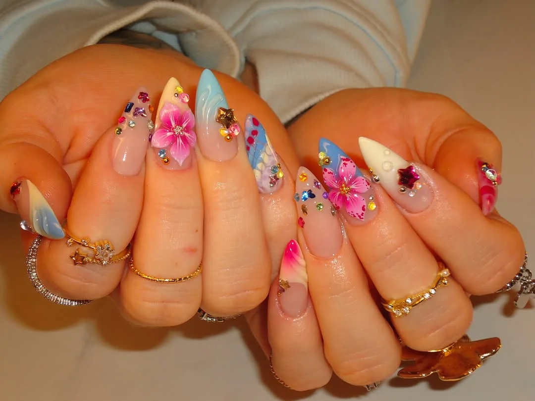 pretty summer almond nails 2026 Whimsical Pastel Fantasy Nails With Sparkling Details