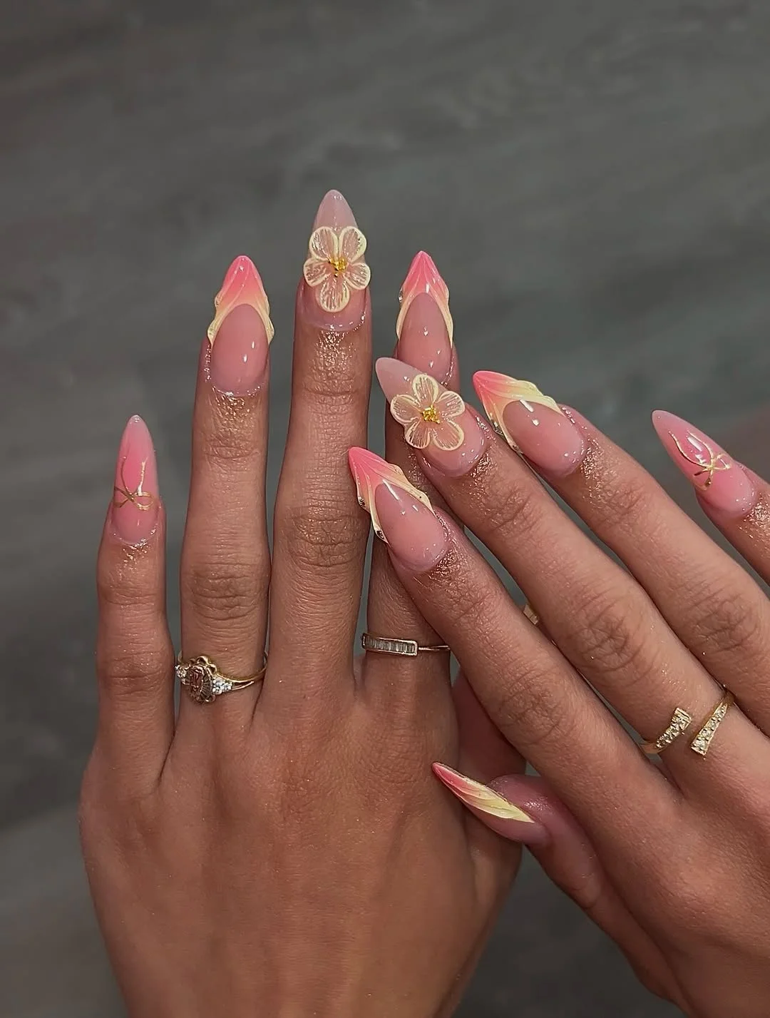 pretty summer almond nails 2026 Pink Petal French Tips With Delicate 3D Flowers
