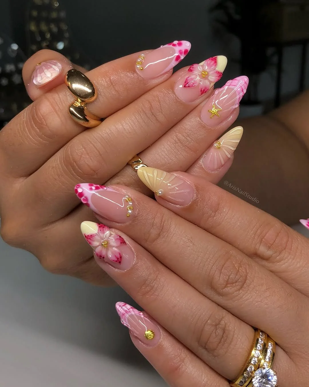 pretty summer almond nails 2026 Pink Blossom French Tips With Golden Accents
