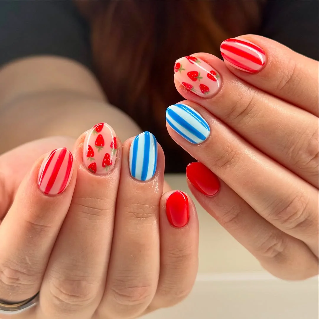 pretty usa nails 2026 Sweet Strawberry Stripe Nails With Retro Summer Charm