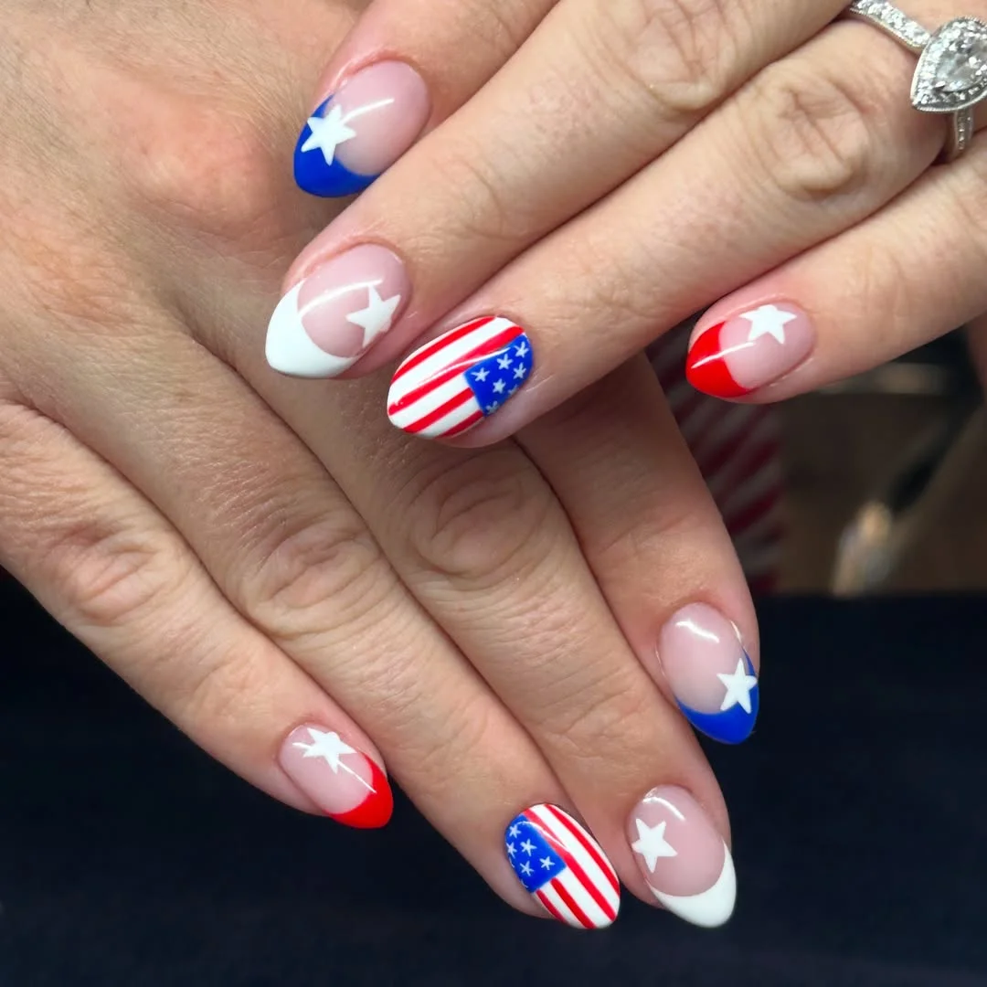 pretty usa nails 2026 Classic Americana French Tips With Star Details