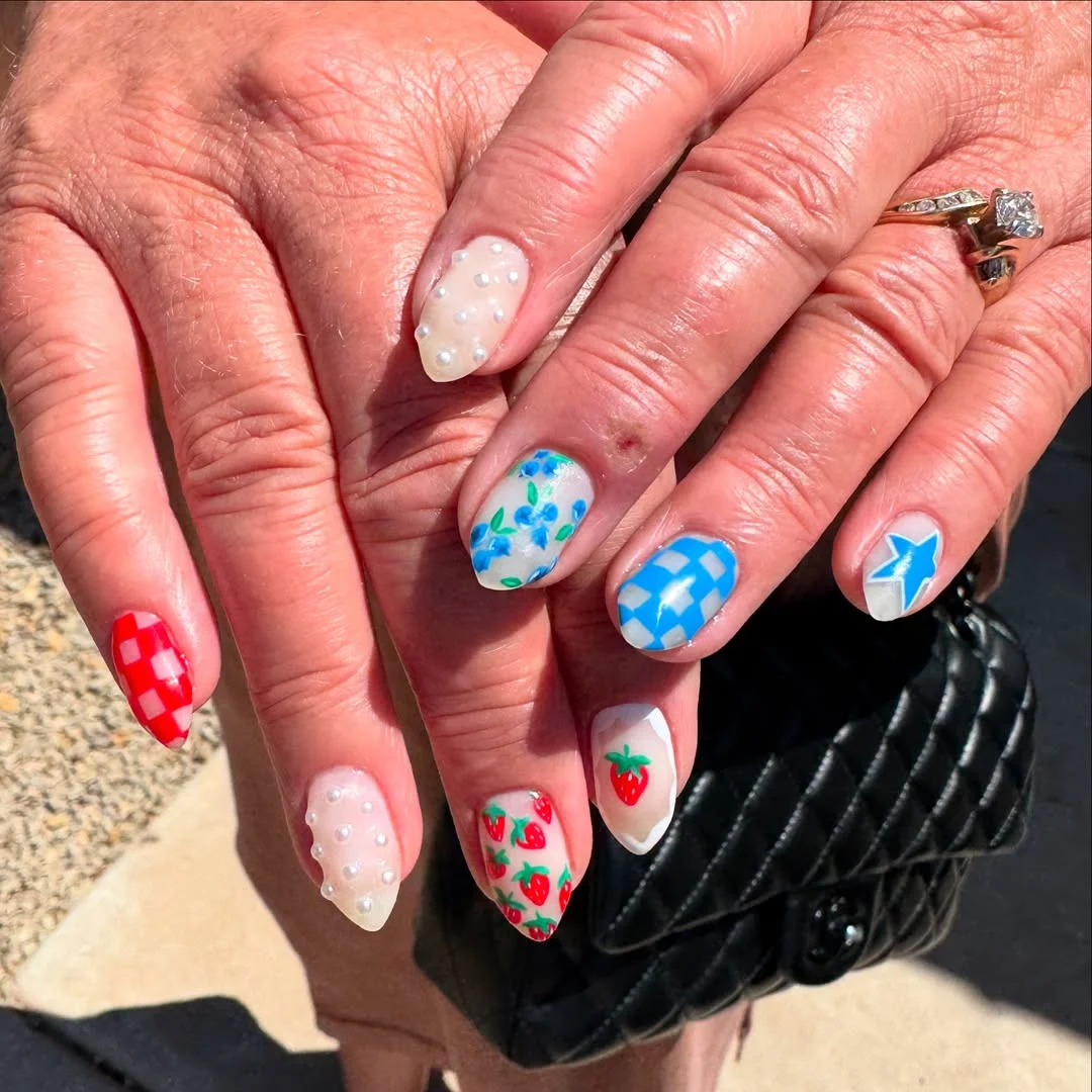 pretty usa nails 2026 Vintage Summer Mix With Strawberries And Checkerboard Prints