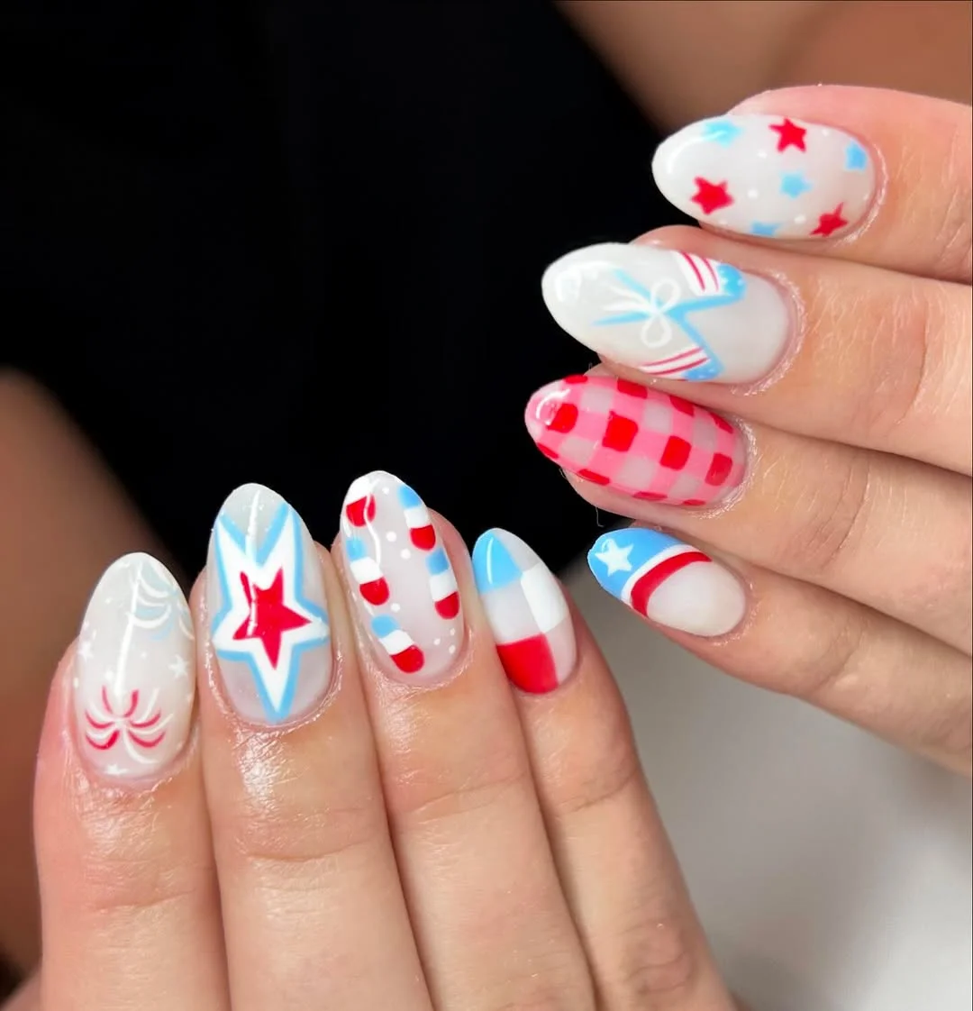 pretty usa nails 2026 Soft Americana Mix With Vintage Picnic Details