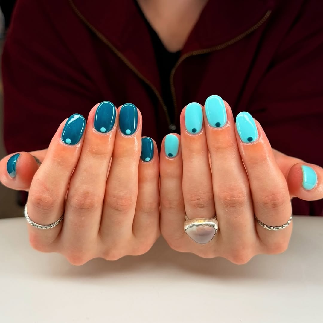 short gel nails summer 2026 Blue Minimal Dot Nails