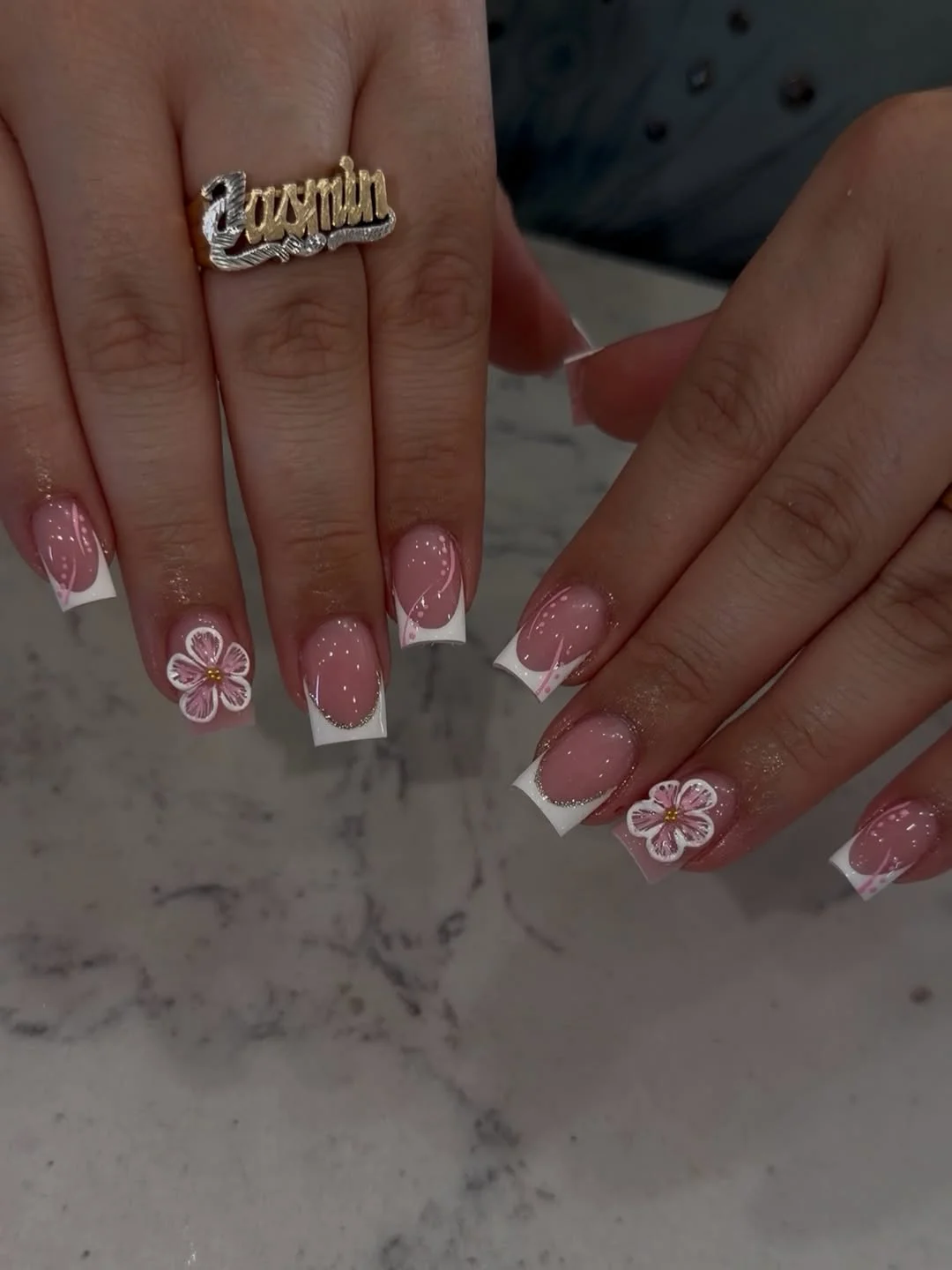 short summer nails 2026 Soft Pink French With Floral Details