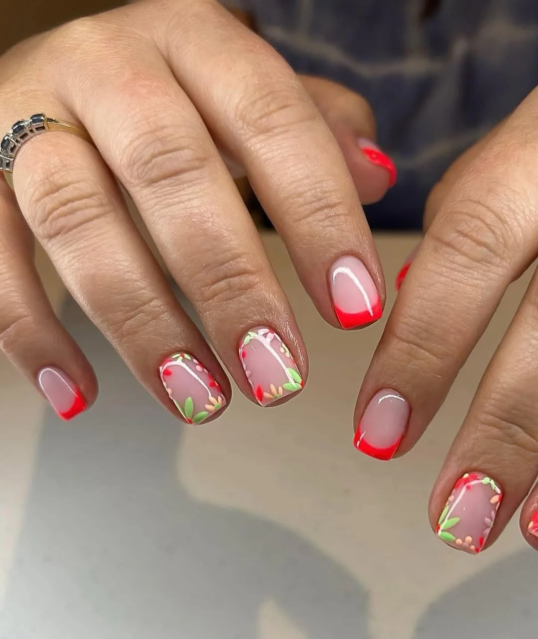 short summer nails 2026 Red Micro French Flower Nails