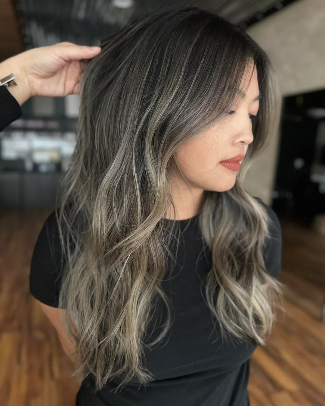 smoky summer ash brown hair color 2026 High contrast smoky balayage with cool gradient