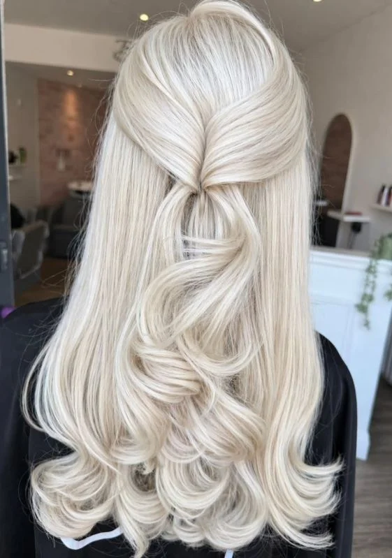 soft summer wavy hairstyle 2026 Soft Platinum Waves With Half Up Detail
