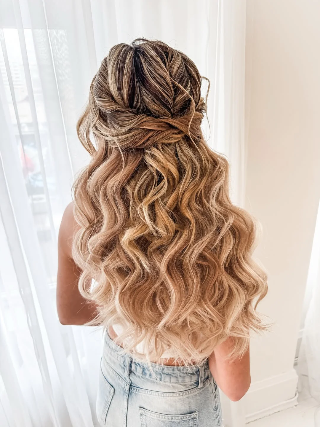 soft summer wavy hairstyle 2026 Romantic Blonde Waves With Twisted Half Up Style