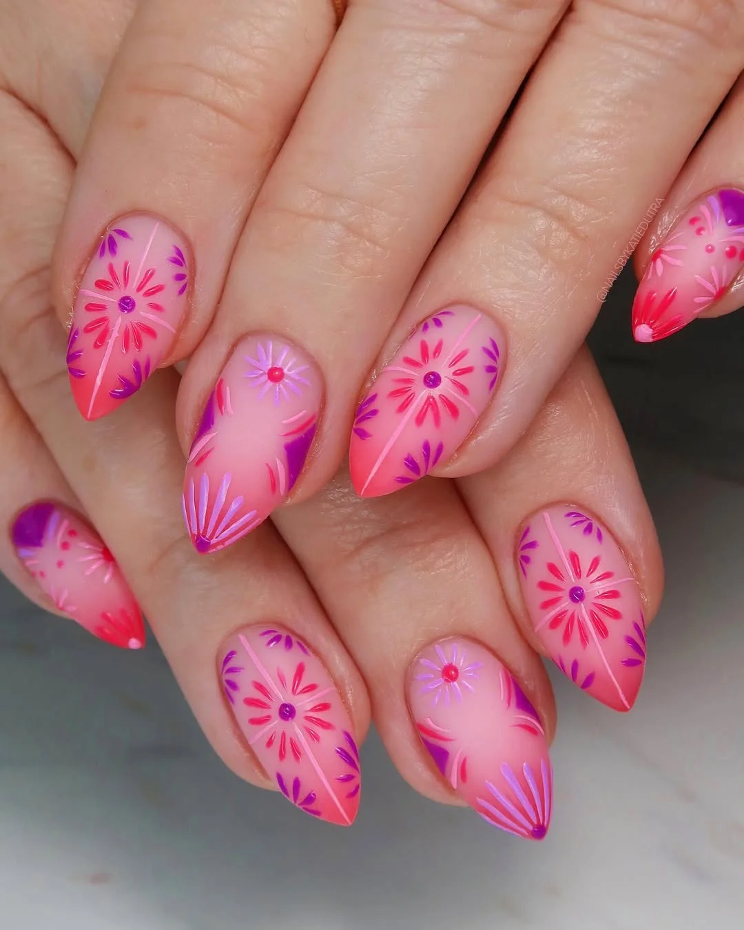summer acrylic nails 2026 Pink Floral Almond Nails With Neon Summer Energy