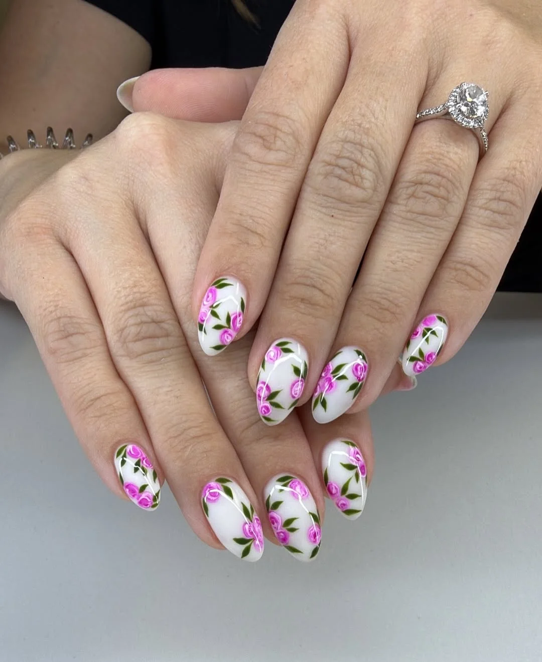 summer acrylic nails 2026 Soft White Rose Nails With Romantic Summer Details