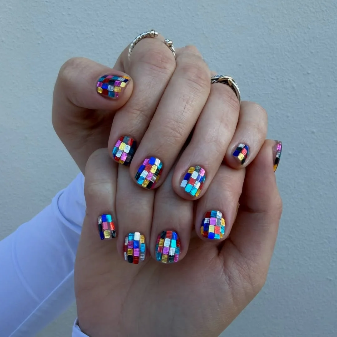 summer acrylic nails 2026 Colorful Mosaic Short Nails With Playful Retro Vibes