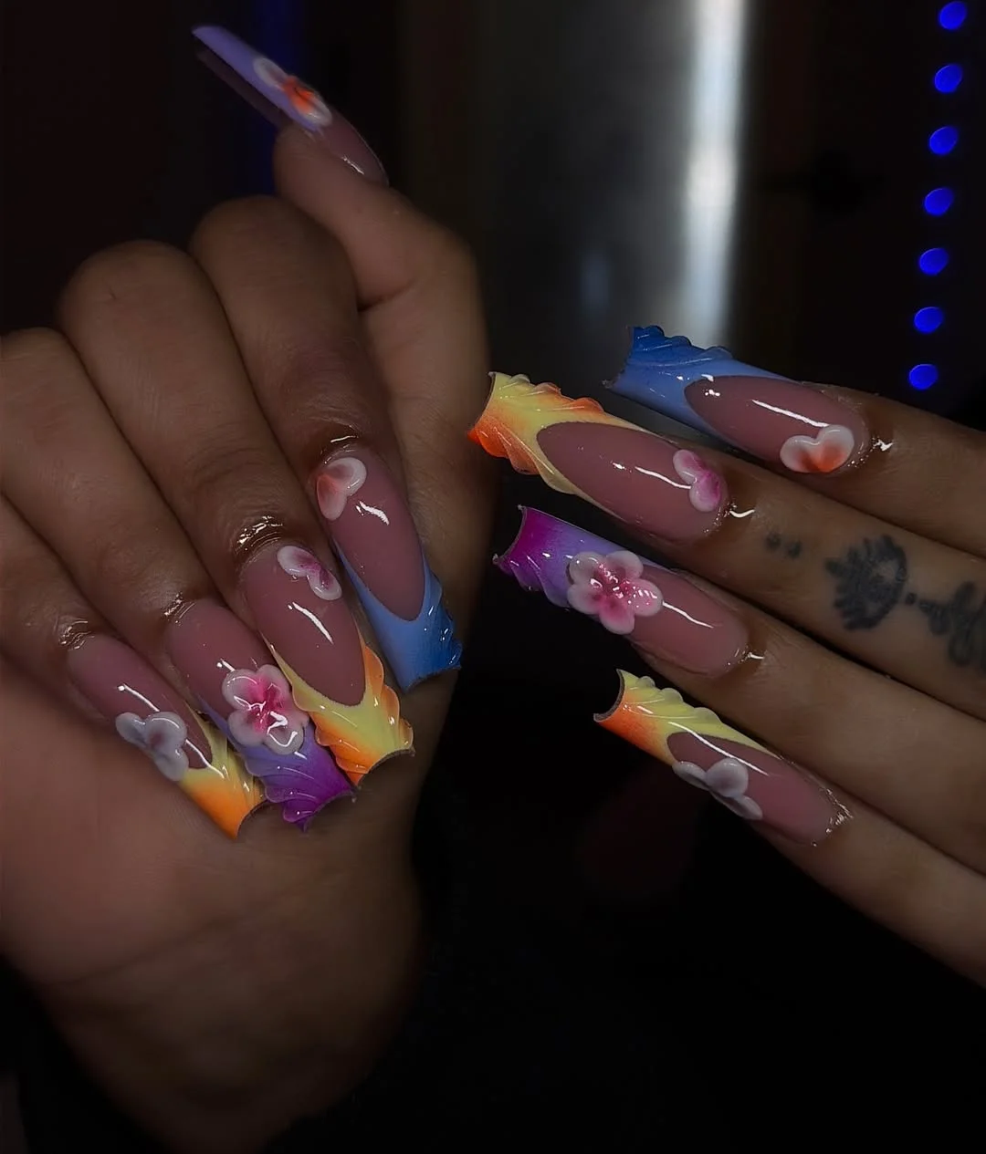 summer acrylic nails 2026 Rainbow French Tips With 3D Floral Details