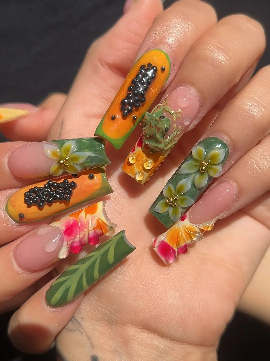 summer acrylic nails 2026 Tropical Fruit Acrylic Nails With 3D Art
