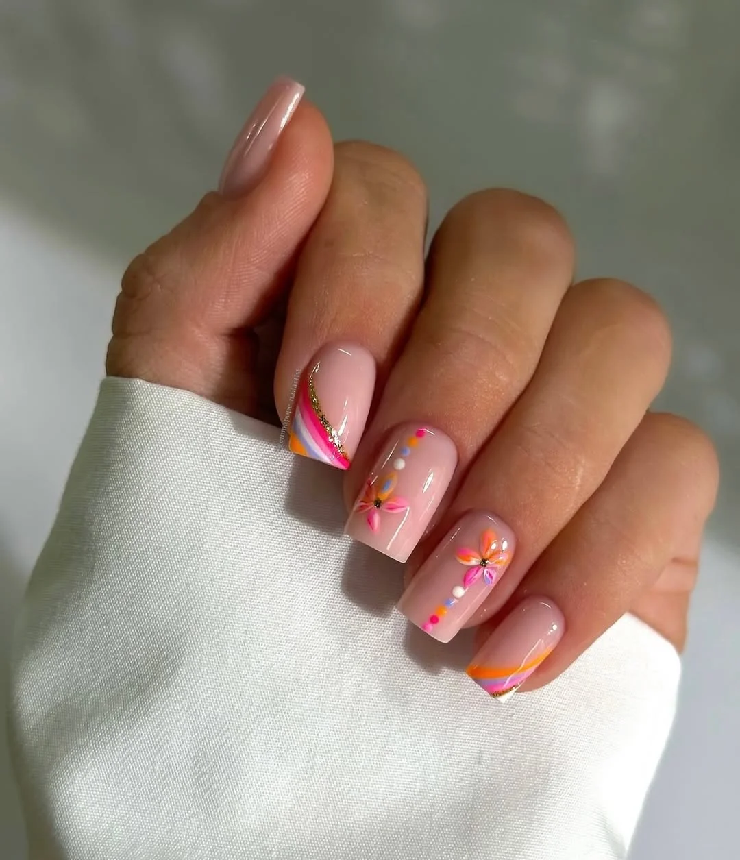 summer acrylic nails 2026 Soft Neon French Nails With Tiny Floral Art