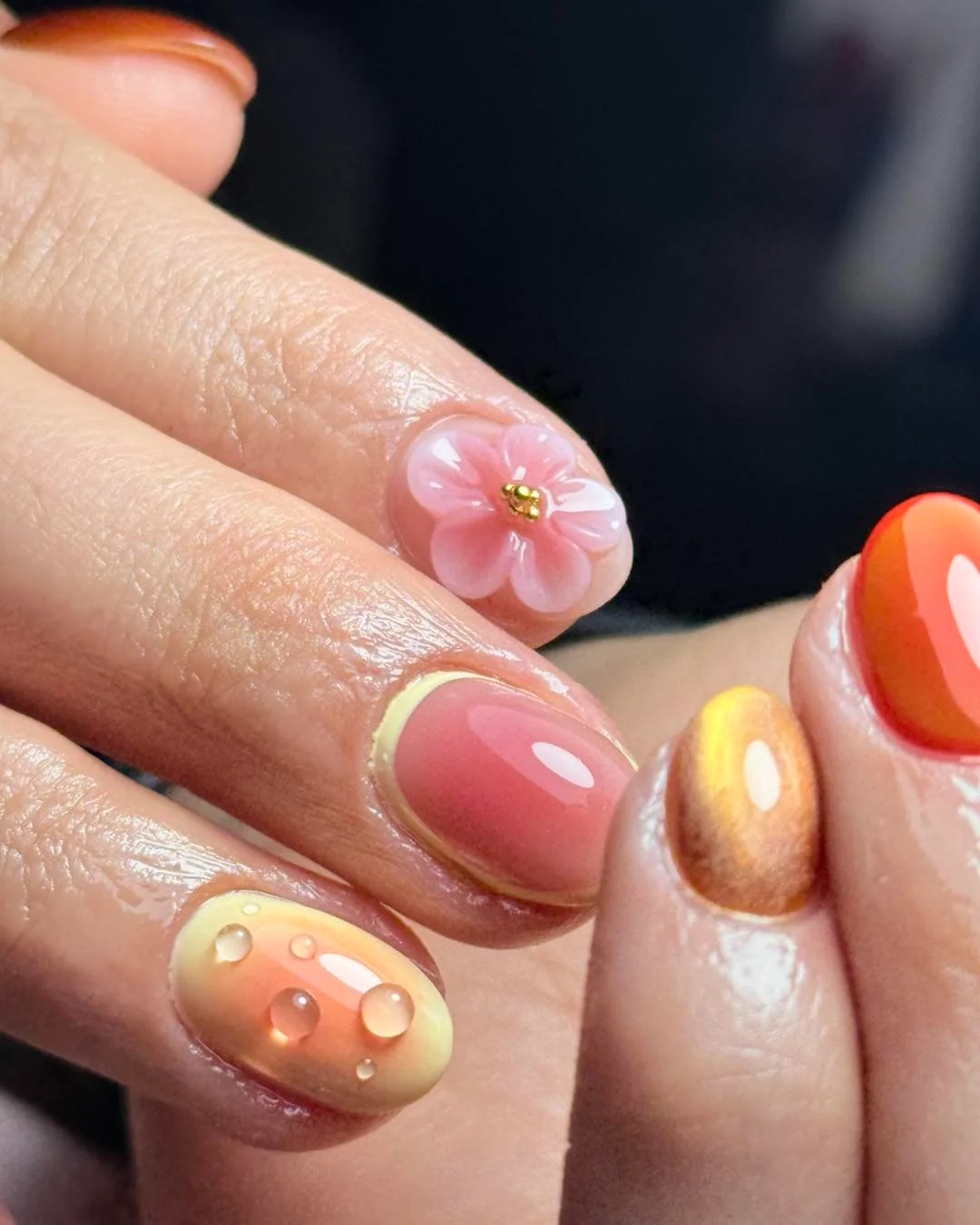 summer acrylic nails 2026 Glossy Short Nails With Summer Bloom Details