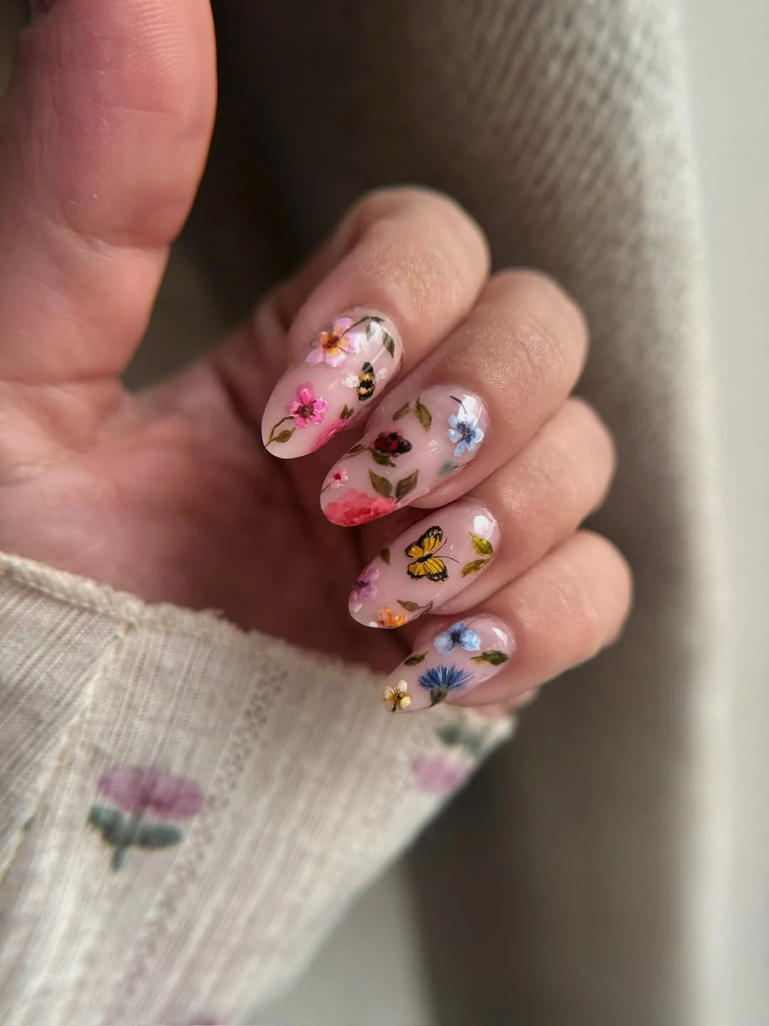 summer acrylic nails 2026 Wildflower Almond Nails With Butterfly Art