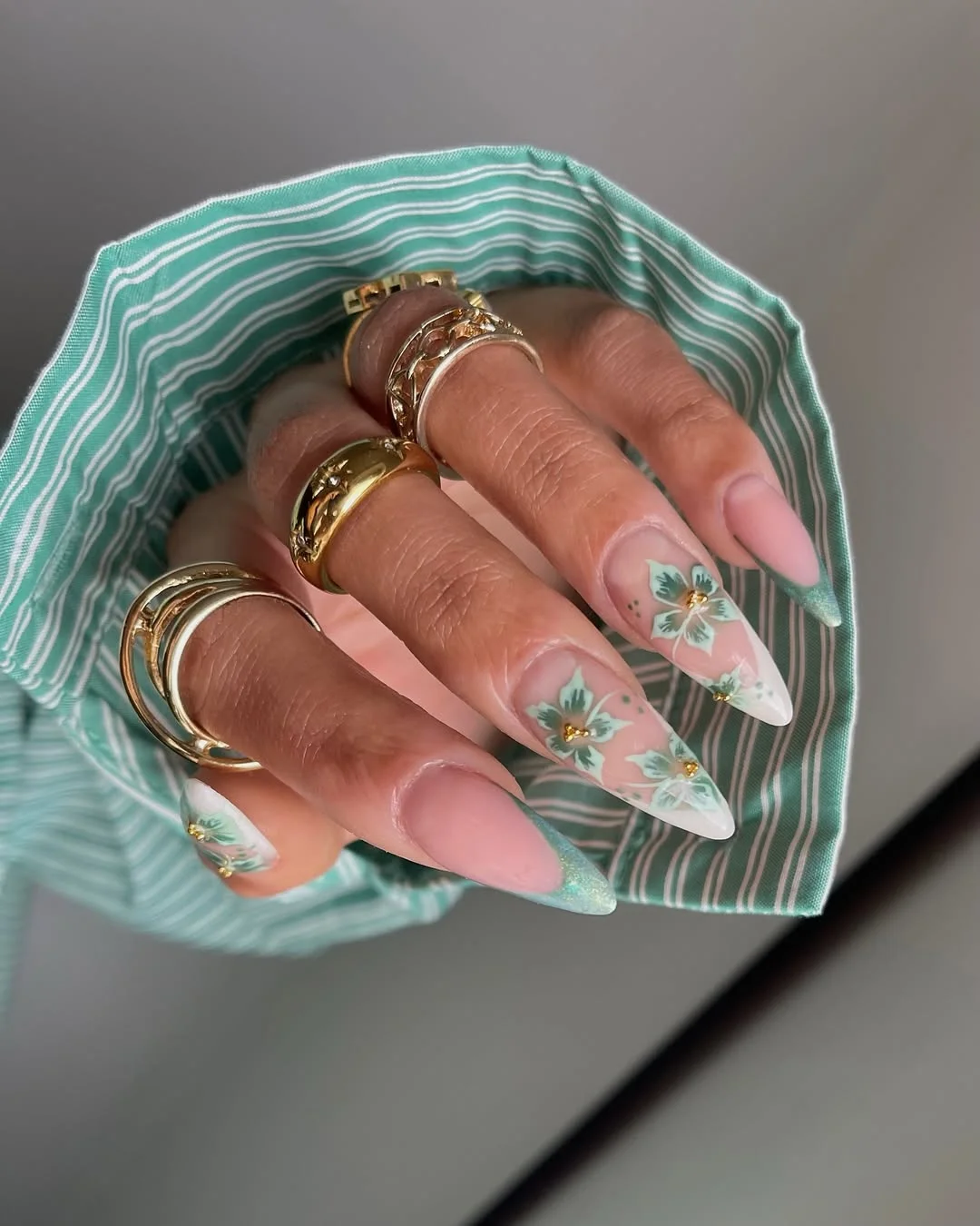 summer acrylic nails 2026 Mint Green French Tips With Floral Accents