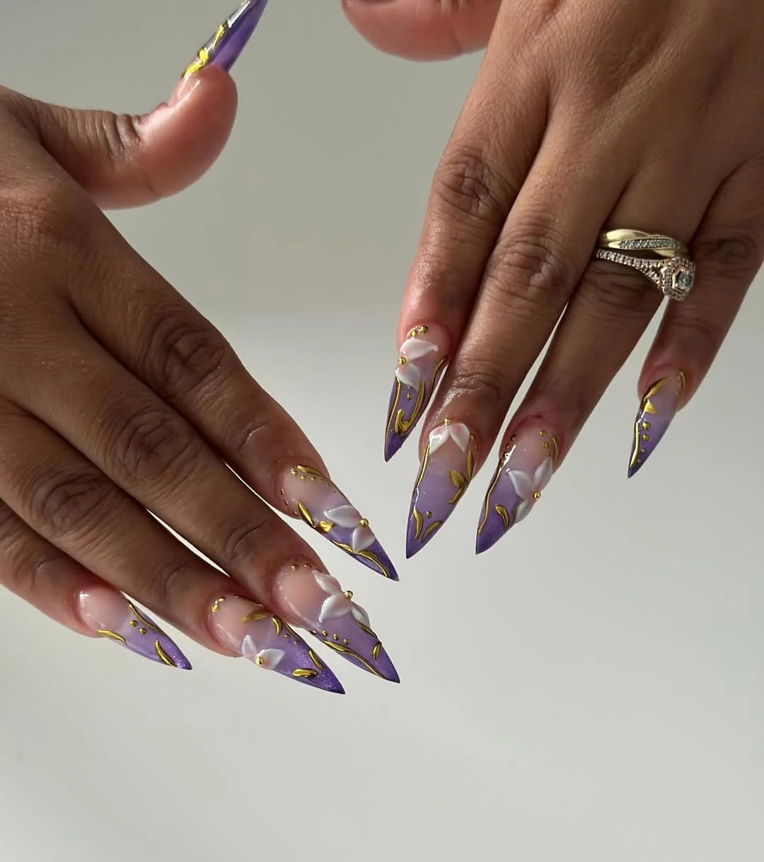 summer acrylic nails 2026 Lavender French Tips With Gold Floral Details