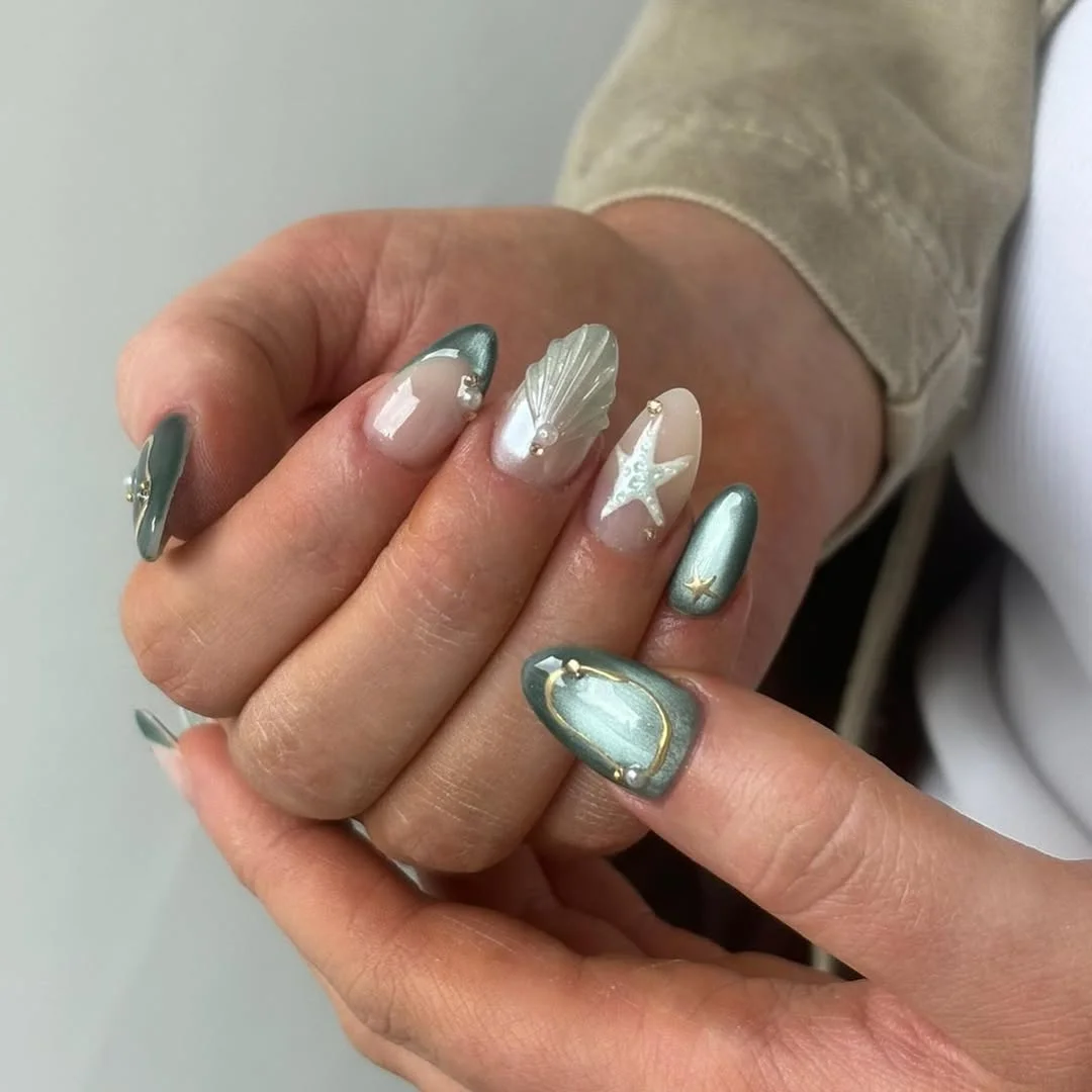 summer beach nails 2026 Seafoam Chrome And Pearl Beach Nails