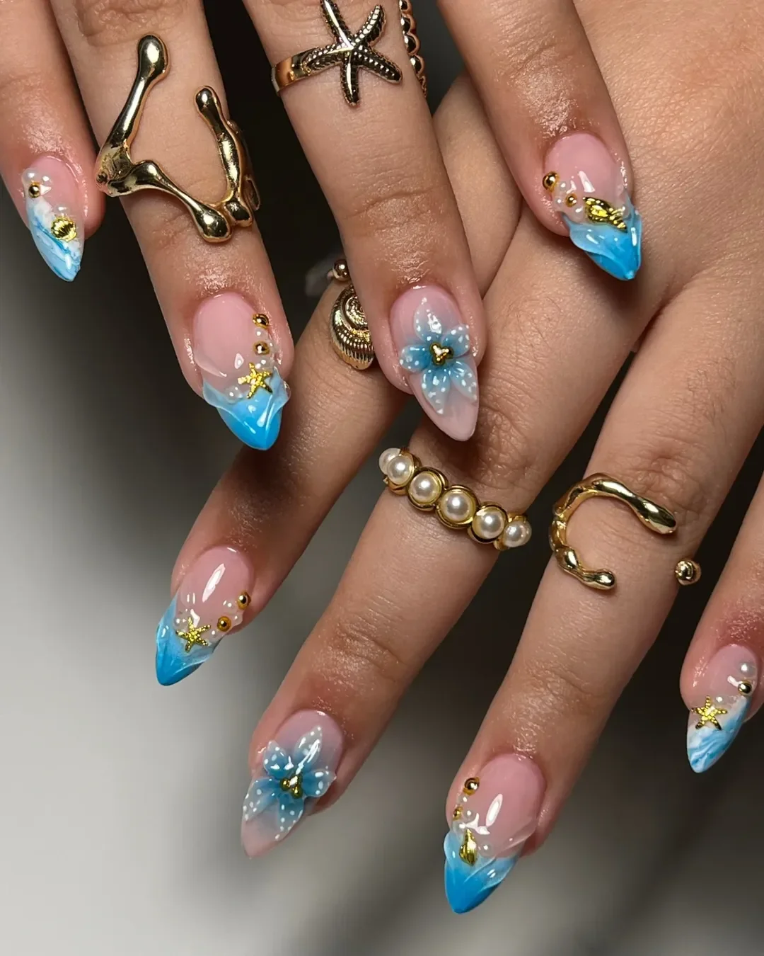 summer beach nails 2026 Blue Hibiscus French Tips With Tropical Details