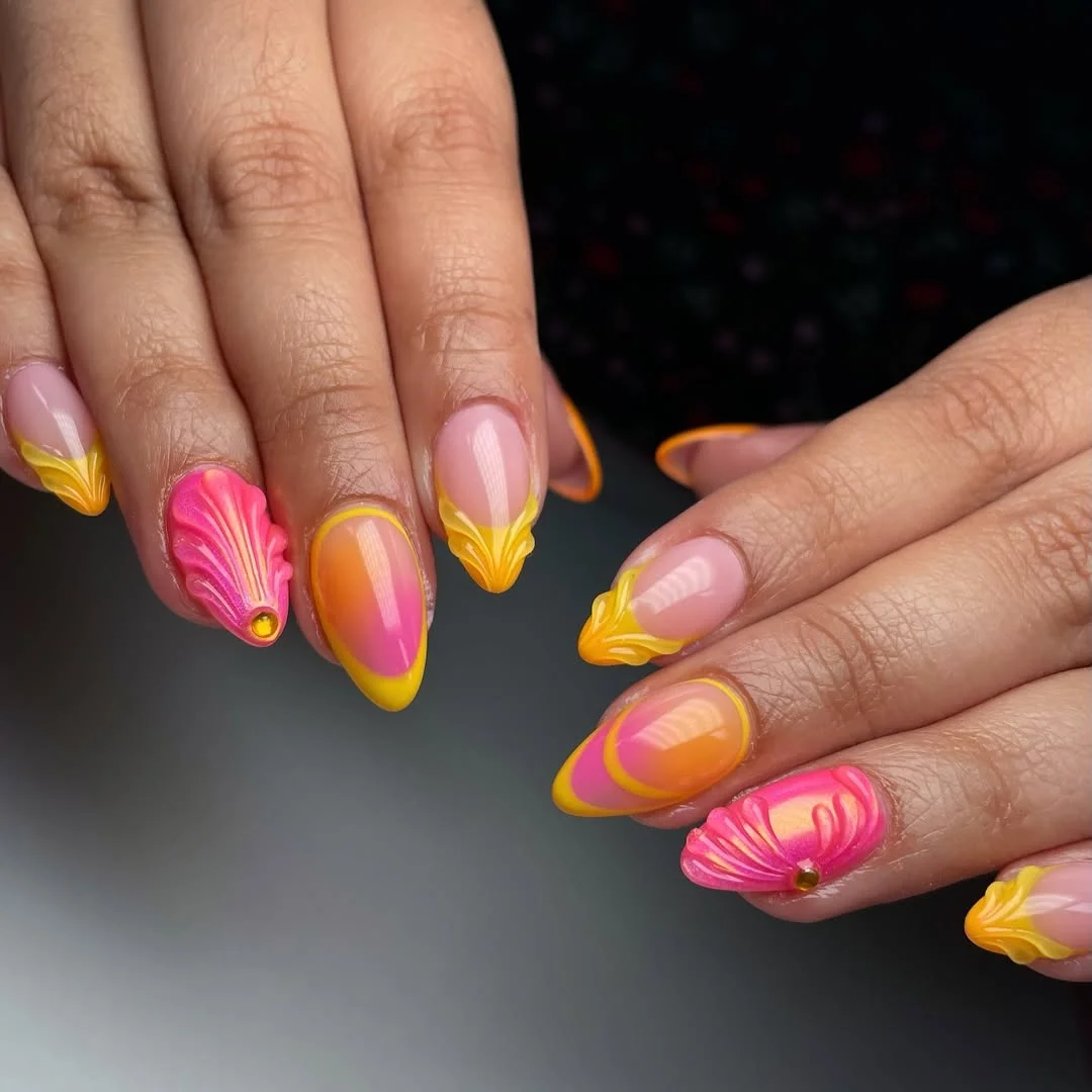 summer beach nails 2026 Sunset Shell Nails In Pink And Orange